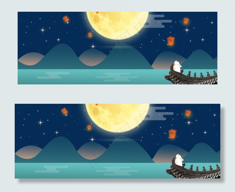 蓝色梦幻中秋卡通banner(1920*700px 	       )psd模版下载