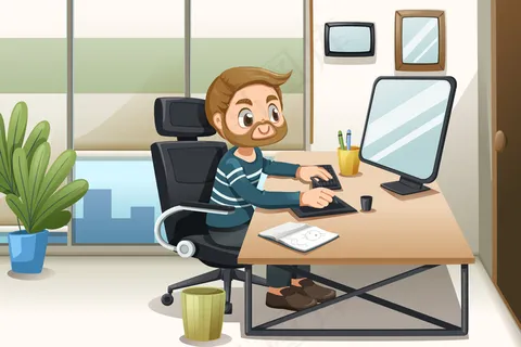 英俊的大胡子男人在家里的电脑前工作卡通人物