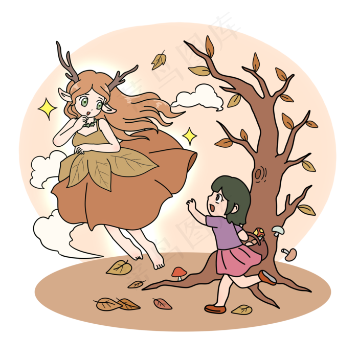 追赶秋天仙子卡通主题插画