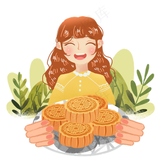 中秋吃月饼女生png素材