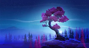 梦幻般的夜景，一棵美丽的曲线树，群山和树木点缀在星空背景下。勃艮第的叶子和夜晚的美妙色彩。