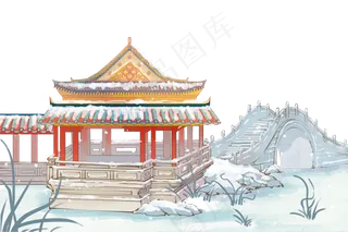 小雪冬天立冬冬至古松亭台楼阁建