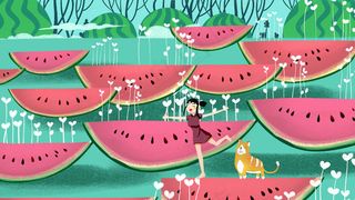 卡通手绘风夏景西瓜女孩配图