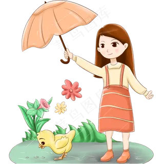 谷雨给鸭子打伞的小女孩