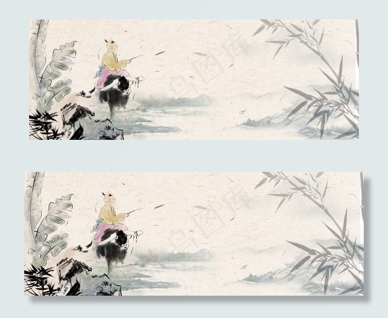 清明节水墨山水竹子牧童背景