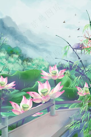 中国风花卉建筑长廊水榭山水