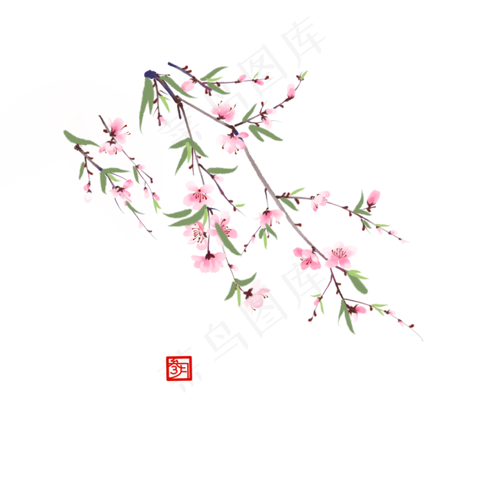 中国风几枝粉色桃花国画小品,免抠元素