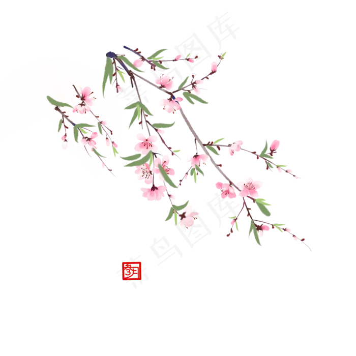 中国风几枝粉色桃花国画小品,免抠元素(3508X3508(DPI:300))psd模版下载