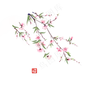 中国风几枝粉色桃花国画小品,免抠元素