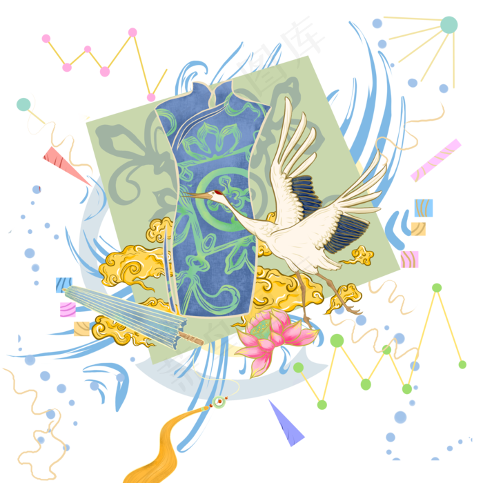 国潮装饰仙鹤丹顶鹤旗袍中国风,免抠元素