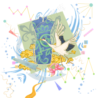 国潮装饰仙鹤丹顶鹤旗袍中国风,免抠元素