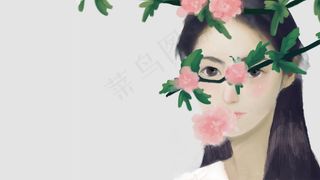 春天水彩风花与少女