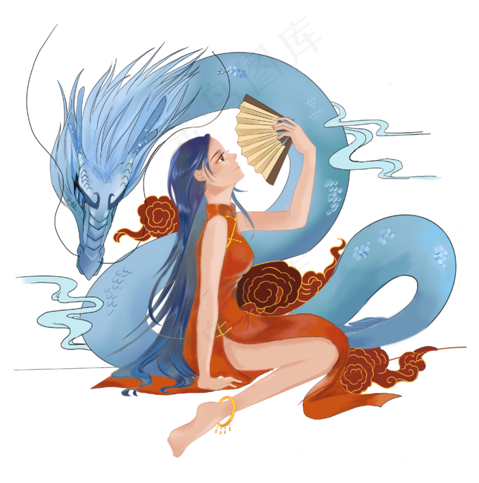 国潮少女旗袍青龙传统时尚,免抠元素
