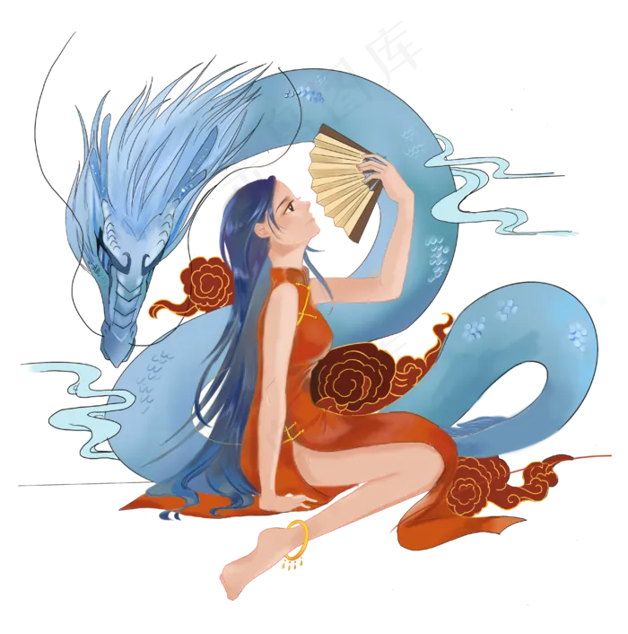 国潮少女旗袍青龙传统时尚,免抠元素