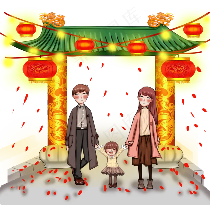 动漫厚涂手一家三口逛鼠年灯会插,免抠元素(2000X2000(DPI:300))psd模版下载