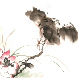 荷叶螳螂水墨画PNG免抠素材