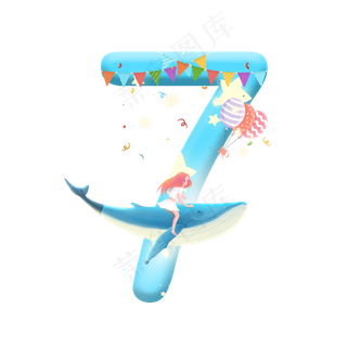 卡通女孩与鲸鱼儿童节倒计时数字7