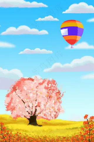 春天明亮花海和热气球