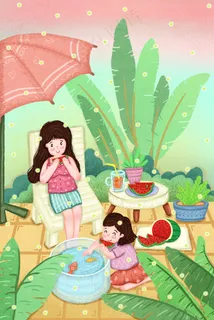 立夏卡通小清新伞下乘凉吃西瓜配图 立夏卡通小清新伞下乘凉吃西瓜配图