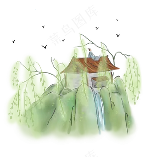 中国风房屋上赏春的古人,免抠元素