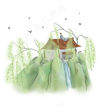 中国风房屋上赏春的古人,免抠元素