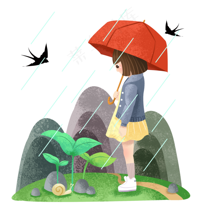 谷雨打伞的小女孩,免抠元素(2000X2000(DPI:300))psd模版下载