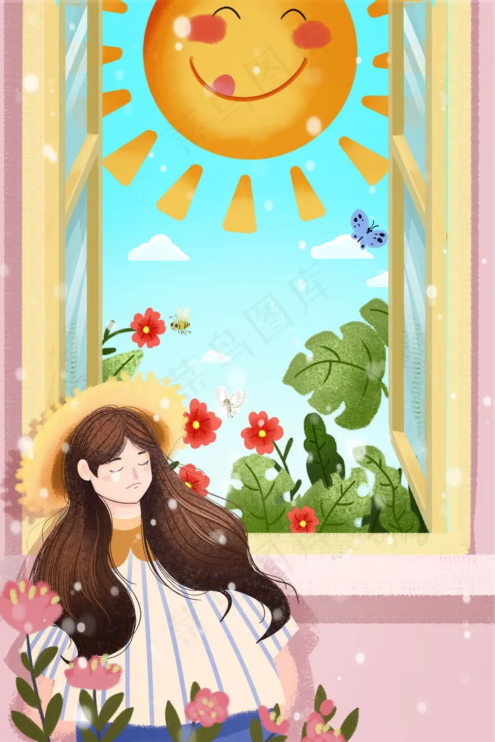 大暑夏天夏日肌理扁平窗下女孩