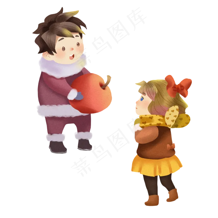 彩绘平安夜给女孩送平安果的男孩,免抠元素(1024*1369px 72 dpi )psd模版下载