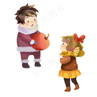 彩绘平安夜给女孩送平安果的男孩,免抠元素