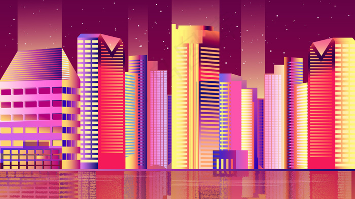 湖边城市建筑插画