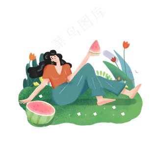 大暑女孩坐在草地上吃着西瓜PNG