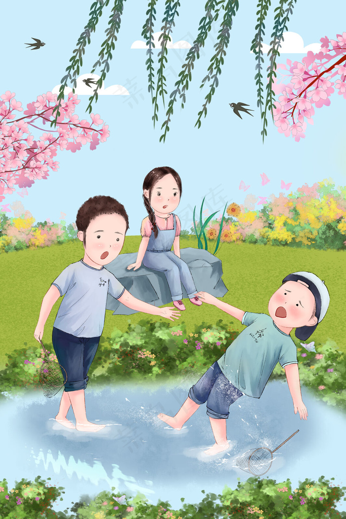 二十四节气春季游玩踏青桃花柳绿风景