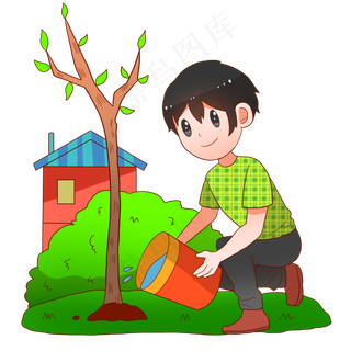 植树节给树浇水的小男孩