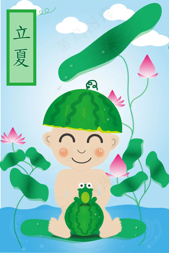 绿色夏日卡通小清新西瓜娃娃(2880X1620(DPI:300))ai矢量模版下载