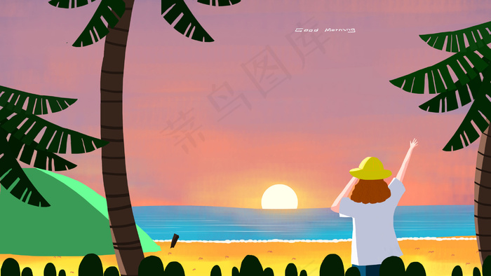 大海早晨问候插图(2880*1620px 300 dpi )psd模版下载