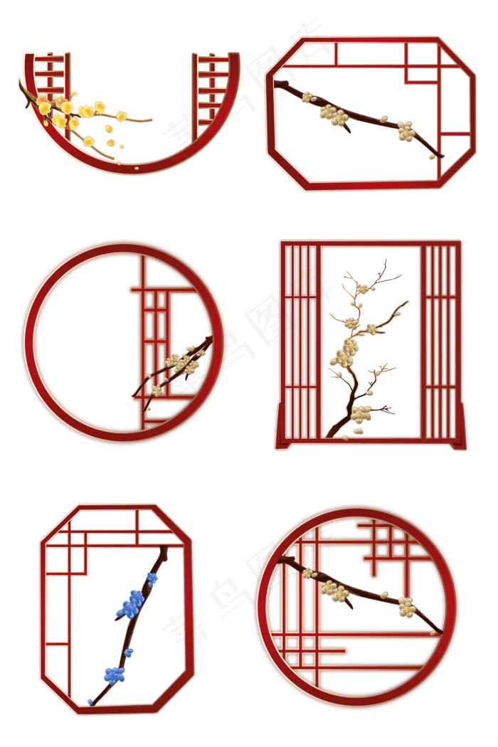 梅花金色红色边框手绘6个,免抠元素(2000X3000(DPI:300))psd模版下载