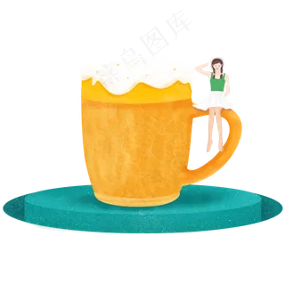 手绘卡通啤酒杯上的小女孩设计,免抠元素