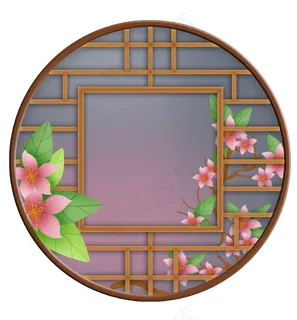 中国风窗格和桃树