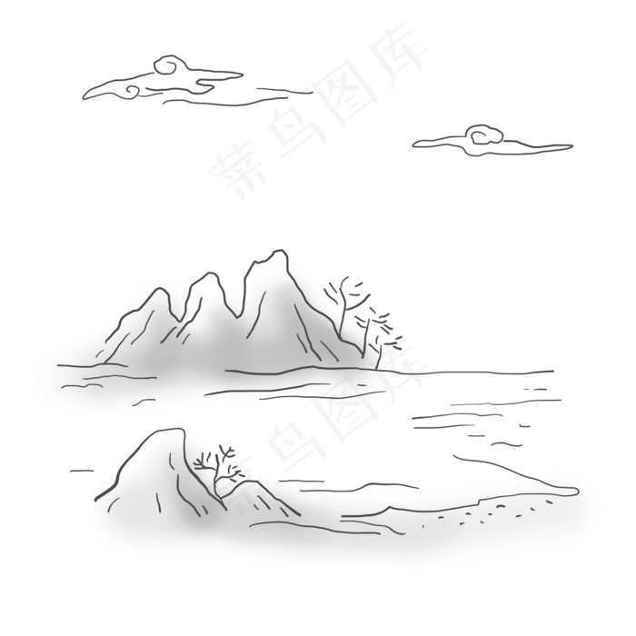 山水线描简笔山泉