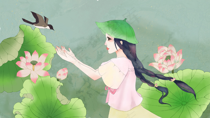夏天清凉的少女与荷花(2880*1620px 300 dpi )psd模版下载