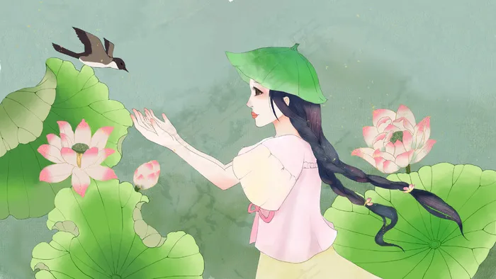 夏天清凉的少女与荷花(2880*1620px 300 dpi )psd模版下载