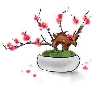 中国水墨手绘梅花盆景