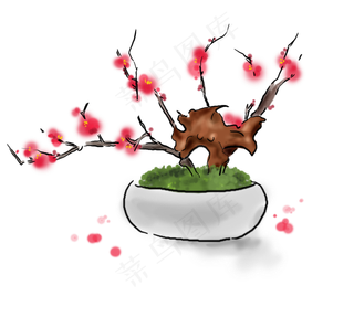 中国水墨手绘梅花盆景