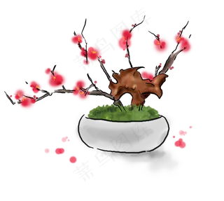 中国水墨手绘梅花盆景