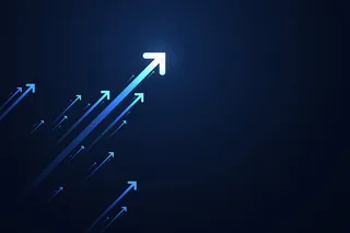 深蓝色背景上的亮箭头向上电路，带有复制空间复制插图，业务增长概念。