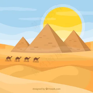埃及金字塔与骆驼商队景观的背景