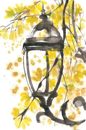 黄叶与路灯水墨画PNG免抠素材