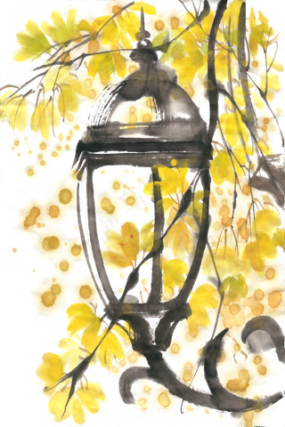 黄叶与路灯水墨画PNG免抠素材