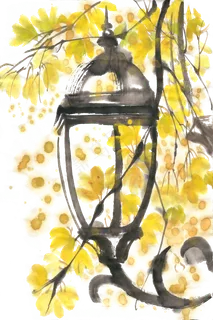 黄叶与路灯水墨画PNG免抠素材 黄叶与路灯水墨画PNG免抠素材
