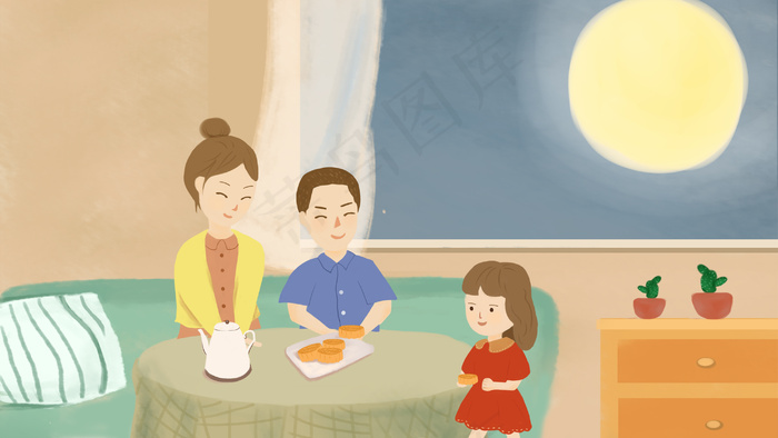 中秋团圆赏月手绘插画中秋